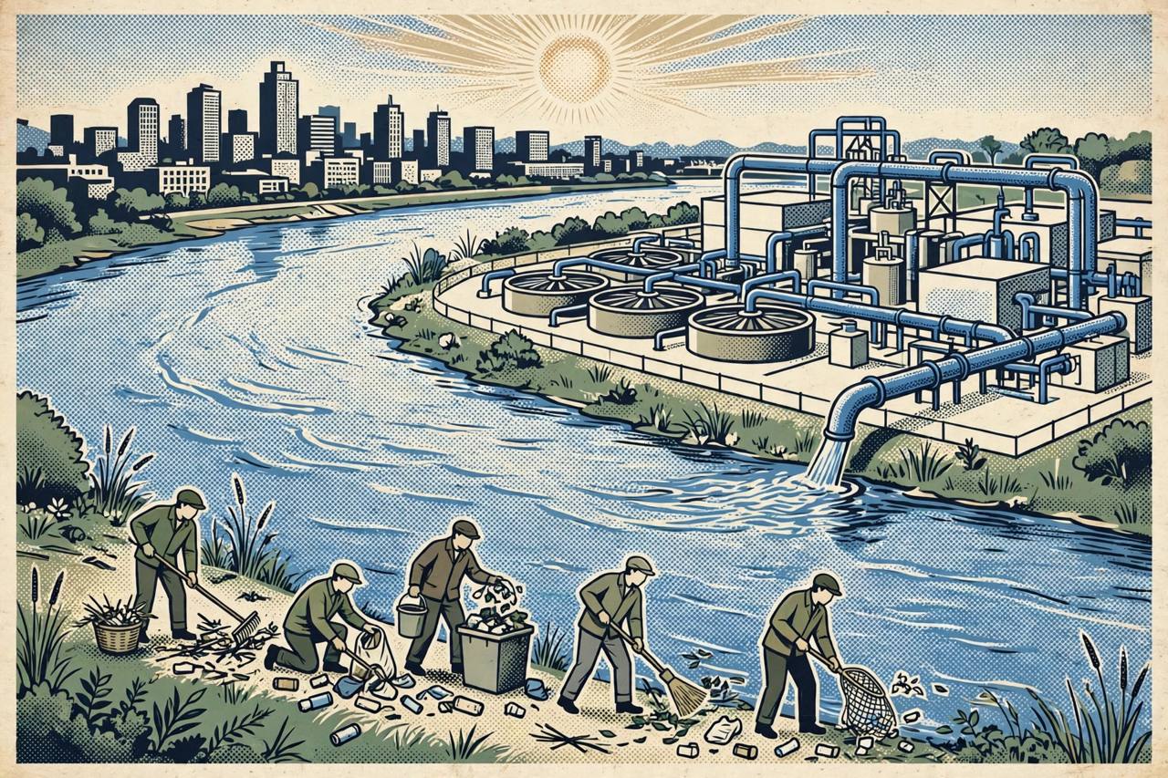 Editorial illustration of a river flowing past a modern sewage treatment plant with generic workers cleaning the bank — flat style, no text, no real person's face
