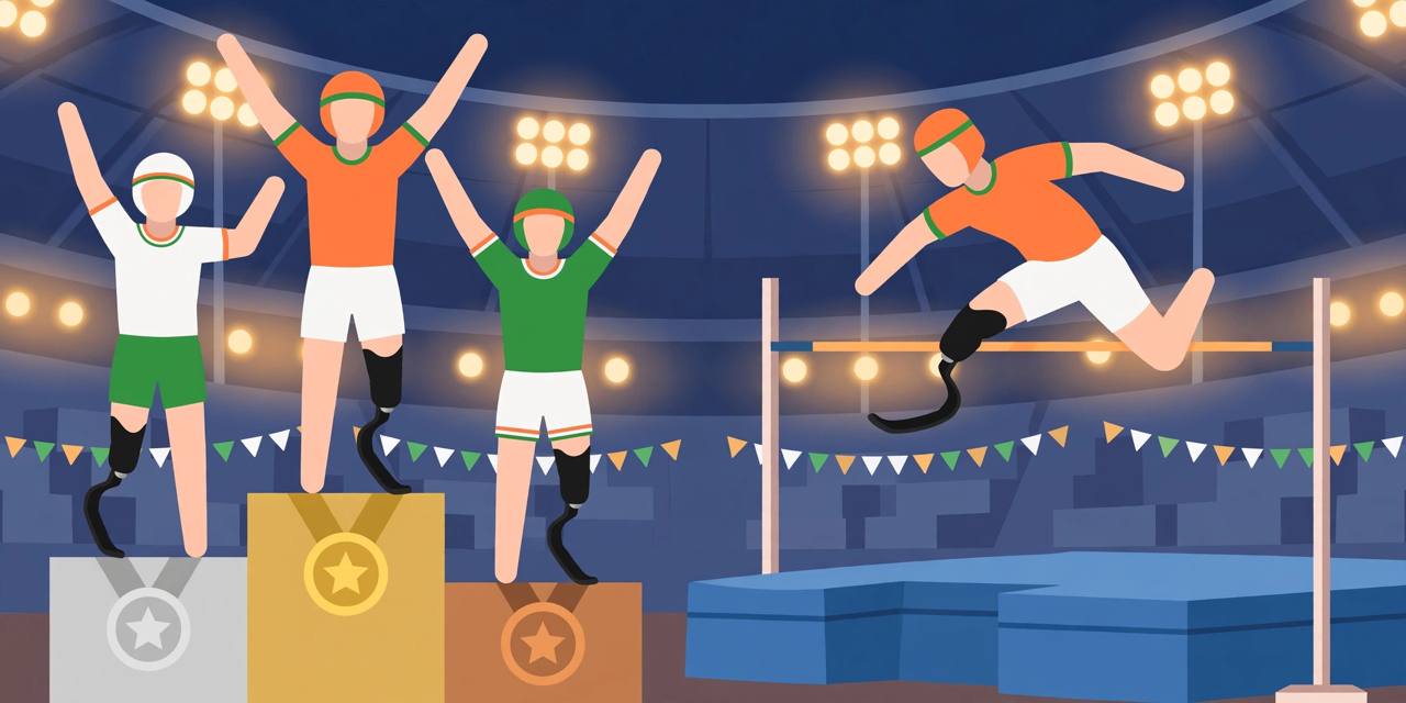 Editorial illustration of three generic para-athlete high jumpers celebrating on a podium beside a high jump bar in a stadium — flat style, no text, no real person's face