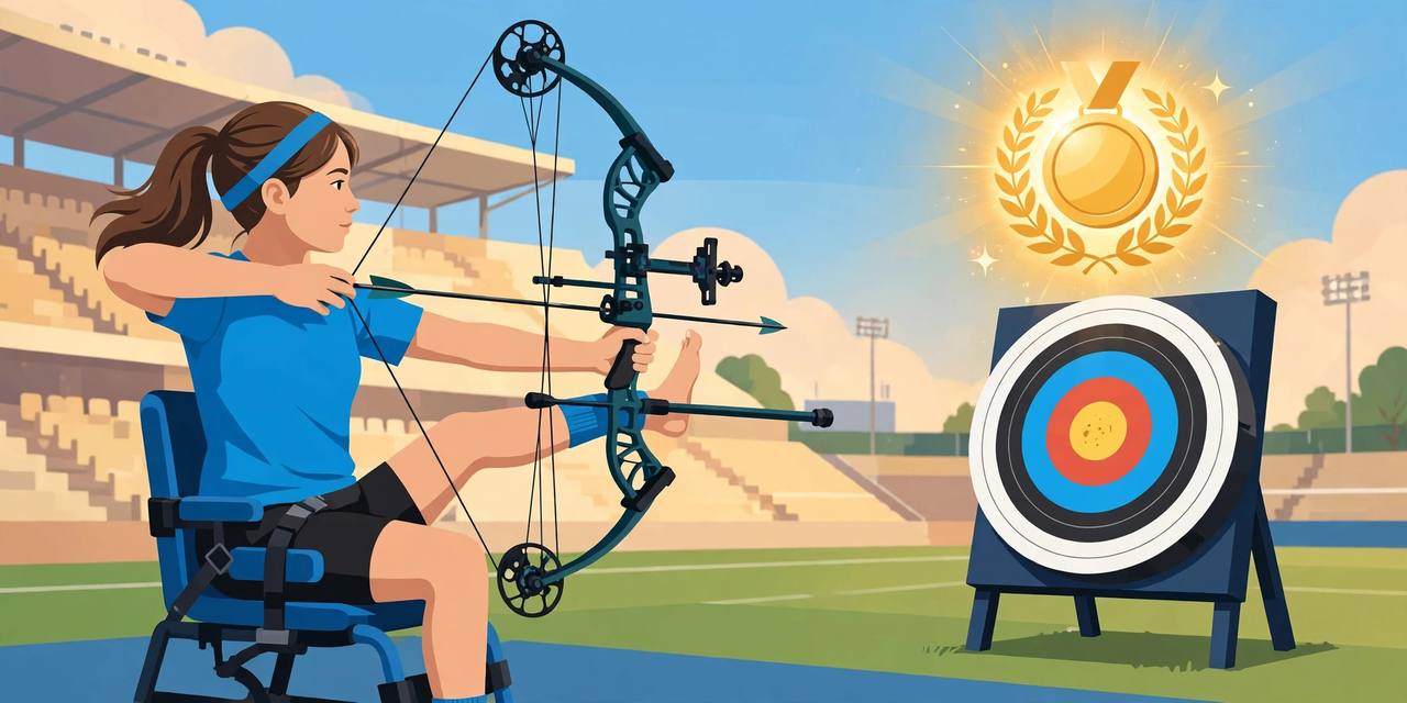 Editorial illustration of a generic para-archer drawing a compound bow with her feet at a stadium target under a gold medal motif — flat style, no text, no real person's face