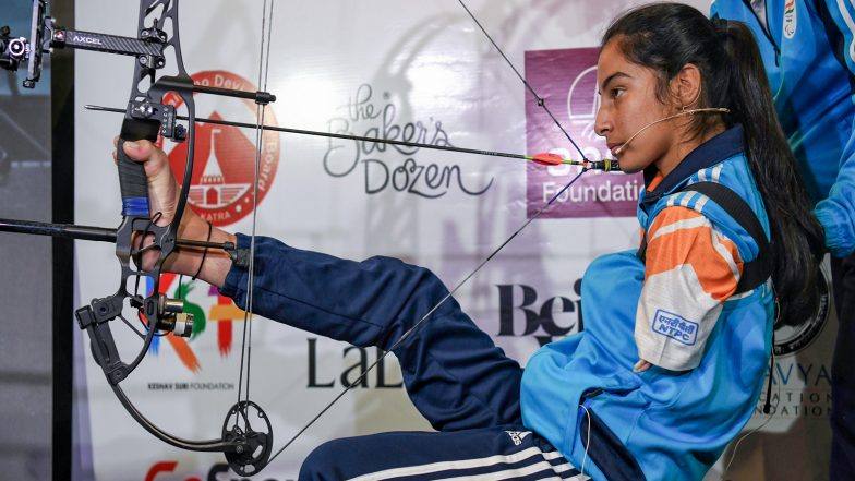 Sheetal Devi holding her compound bow with her foot and aiming, wearing the India team jacket (file photo)