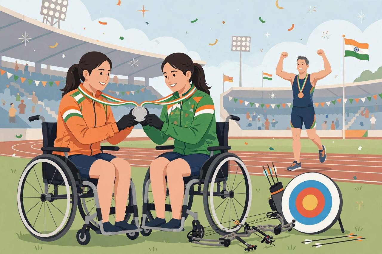 Editorial illustration of two generic women para-archers in India colours holding a silver medal beside a compound bow and target, with a generic sprinter wearing a bronze medal in a stadium