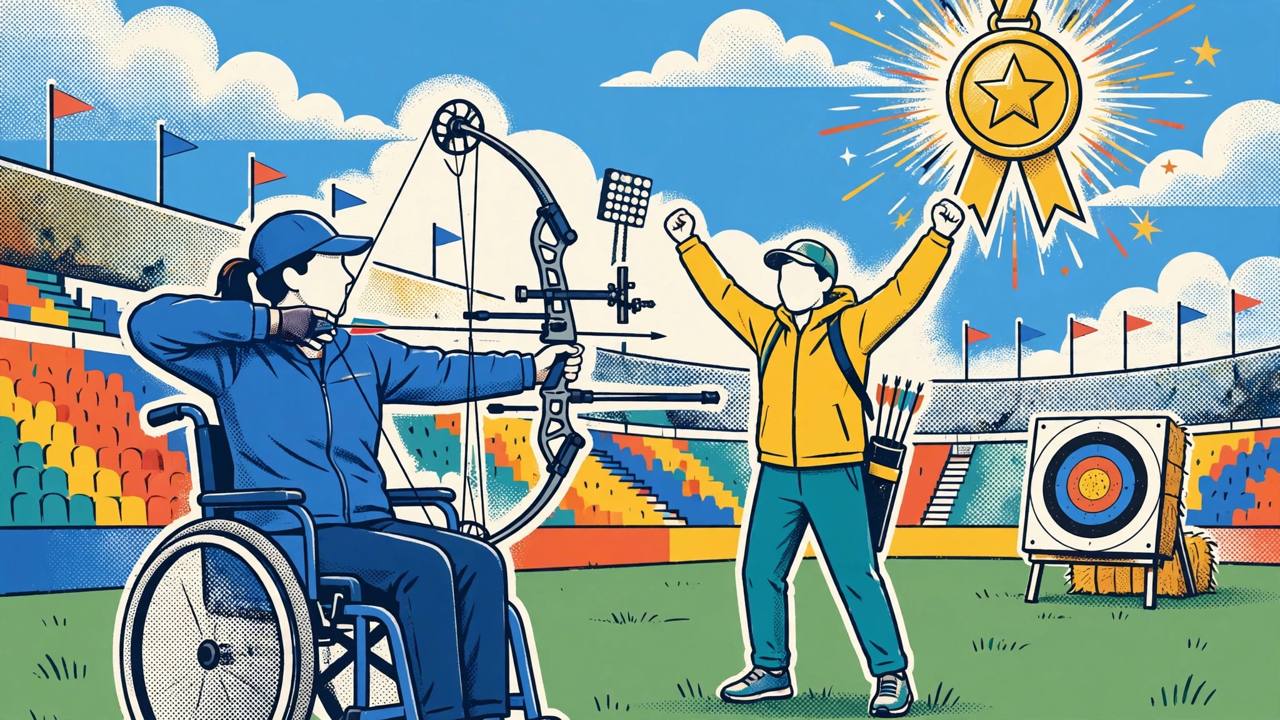 Editorial illustration of a generic para-archer in a wheelchair drawing a compound bow at a stadium target with a gold medal motif — flat style, no text, no real person's face