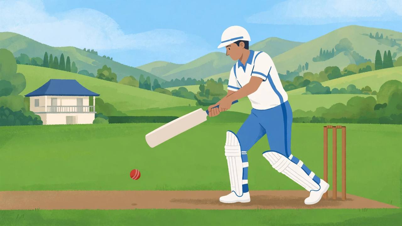 Editorial illustration of a young generic left-handed batsman in whites playing a cover drive on a green New Zealand cricket ground with a small pavilion and hills behind