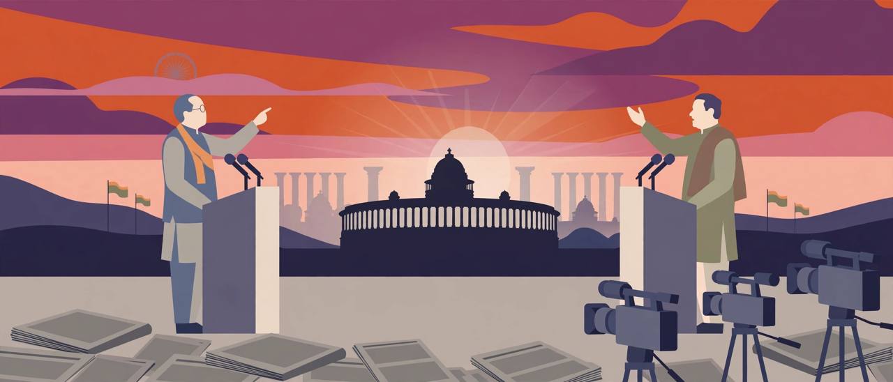 Editorial illustration of two generic political leaders at rival press-conference podiums with Parliament in the background