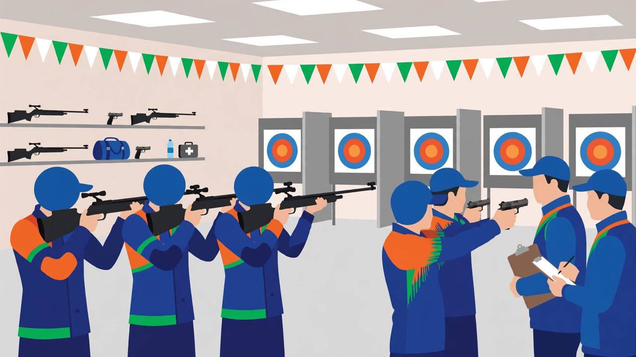Editorial illustration of generic Indian sport shooters training with air rifles and pistols at an indoor shooting range