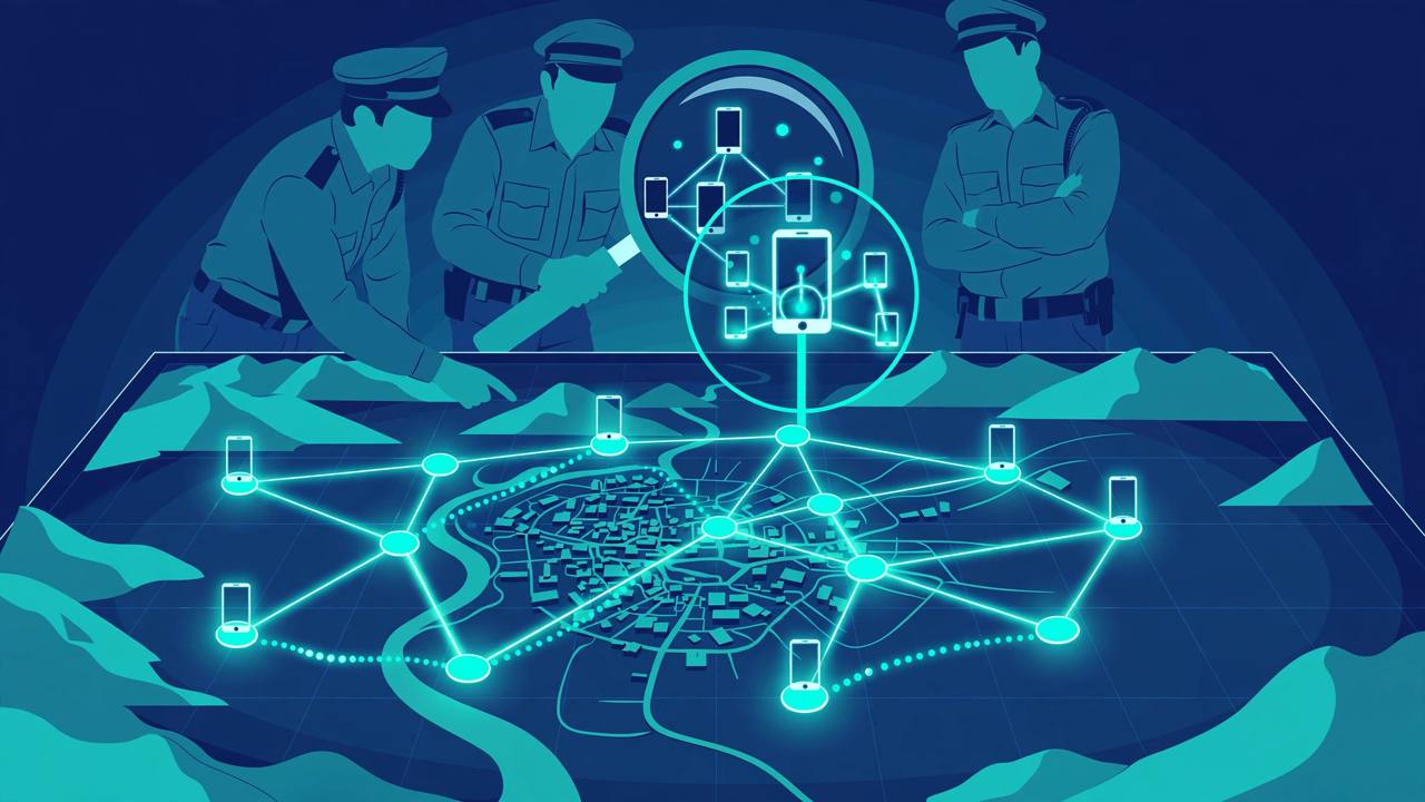 Editorial illustration of police investigators tracing a glowing network of smartphone payment trails across a map of a Kashmir valley town