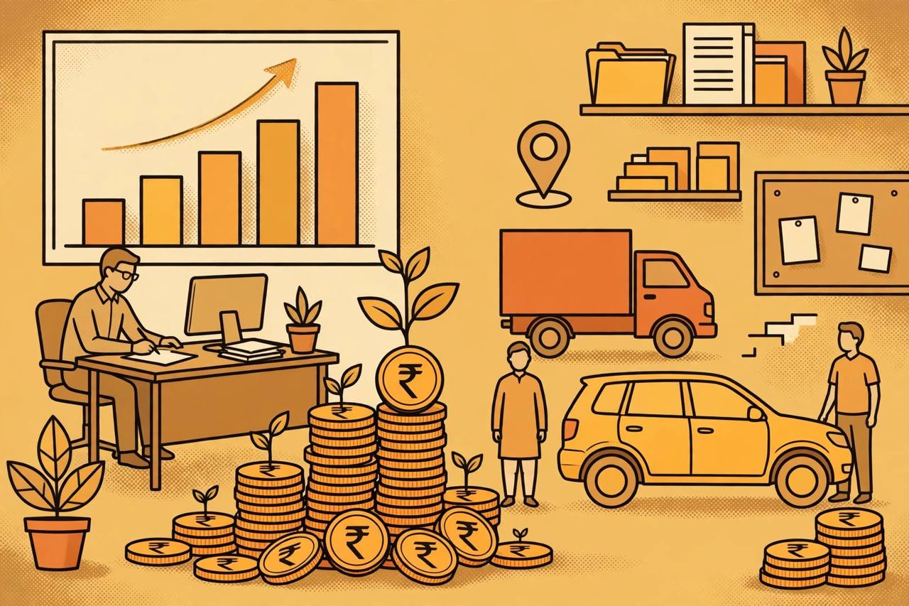Editorial illustration of a finance office with a rising chart, rupee coins, a truck and a family vehicle