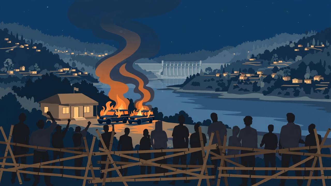 Editorial illustration of a night protest in a river town in Northeast India, with generic silhouetted protesters behind bamboo barricades, burning police vehicles and a proposed dam on the river in the background; no real person depicted