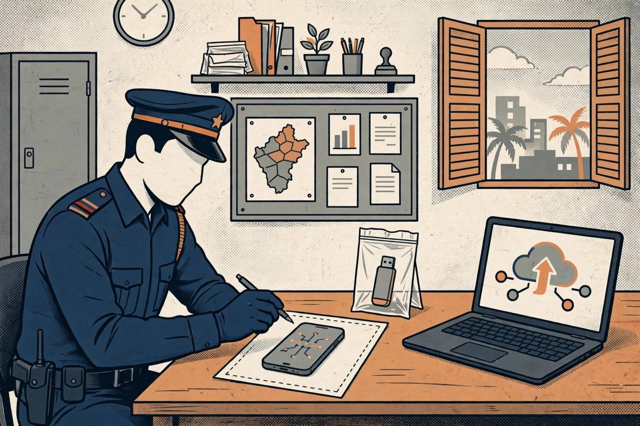 Editorial illustration of a police cyber-crime officer examining a seized smartphone and a pen drive in an evidence bag