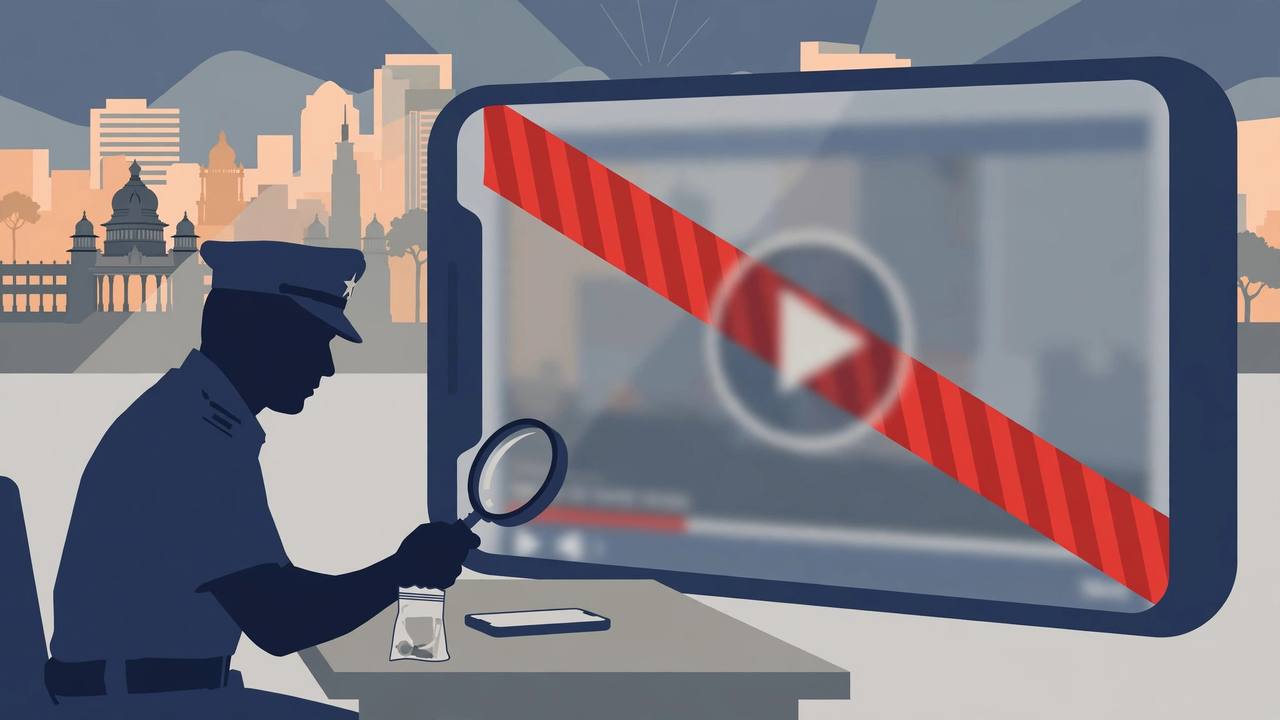 Editorial illustration of a police officer examining a seized smartphone beside a large video screen crossed with red evidence tape, with the Bengaluru skyline behind (Editorial illustration)