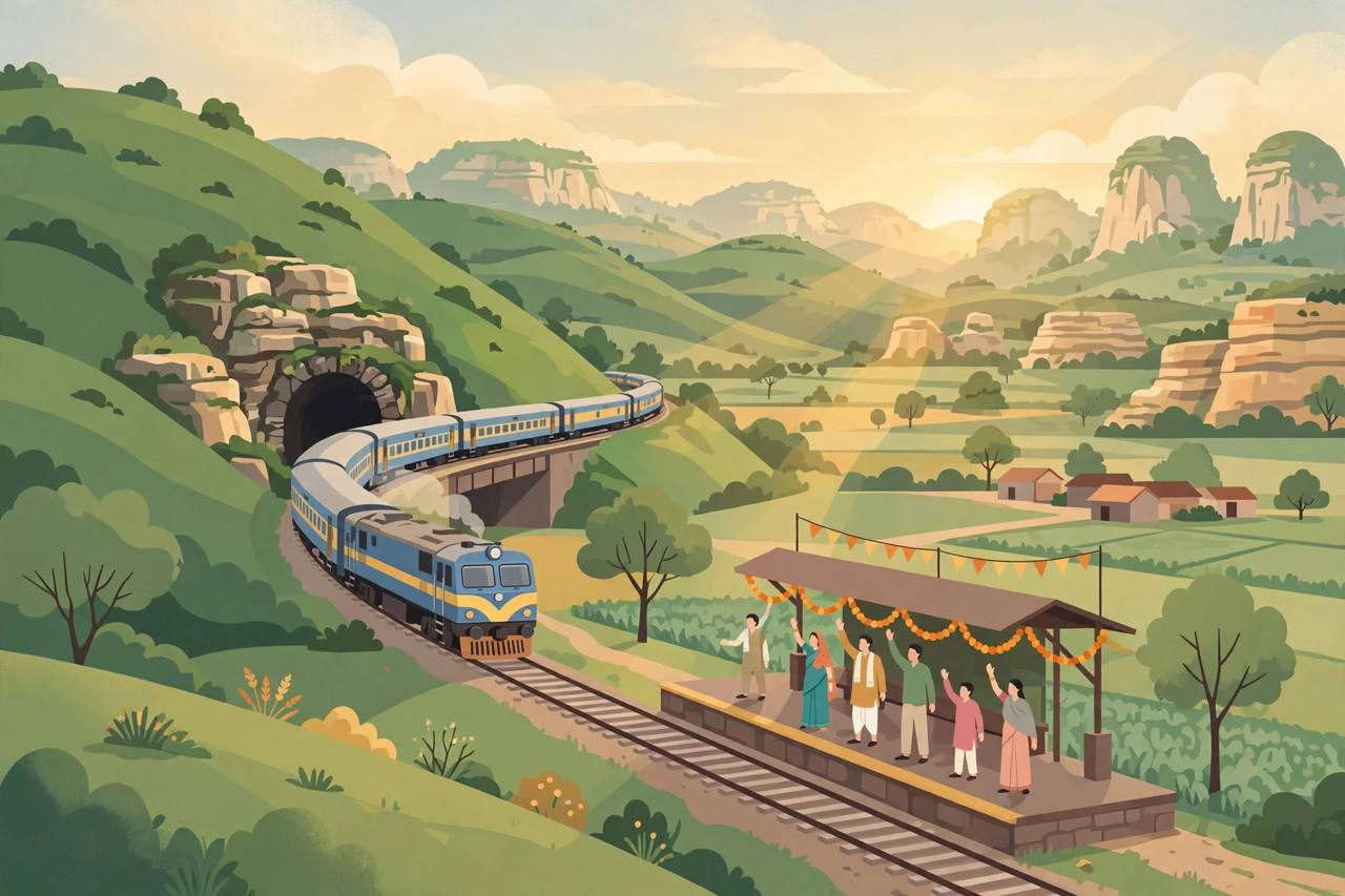 Editorial illustration of a passenger train emerging from a tunnel through Vindhya hills toward a small new rural station; no real person depicted