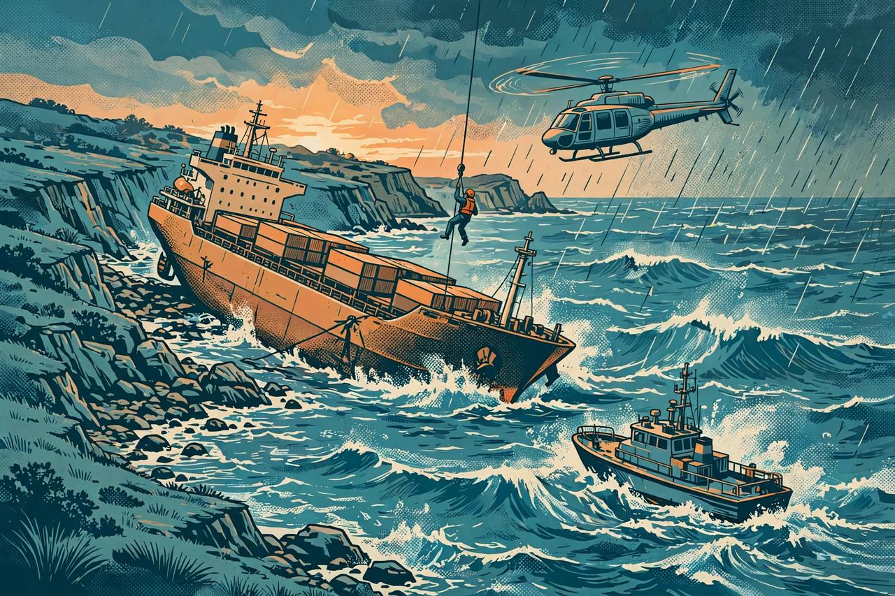 Editorial illustration of a stranded cargo ship in stormy seas near a rocky coast, with a coast guard helicopter winching a generic sailor in an orange life vest from the deck and a patrol vessel waiting in heavy waves