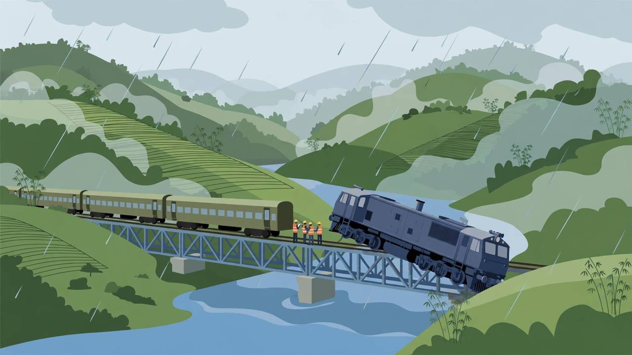 Editorial illustration of a derailed train locomotive tilted on a railway bridge in the green hills of Assam, passenger coaches upright behind it and railway workers in orange vests nearby