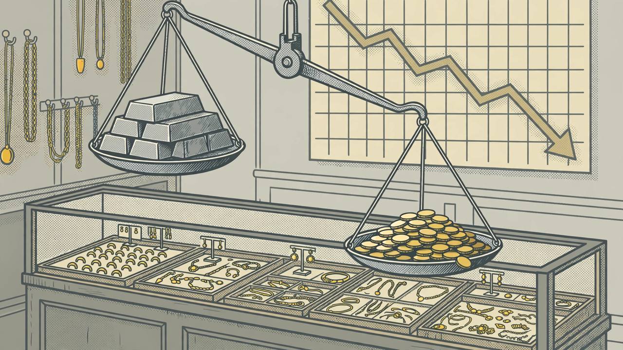 Editorial illustration of silver bars and gold coins on a weighing scale with a falling chart behind a jewellery counter, flat style, no real person's face