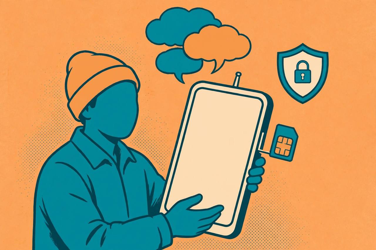 Editorial illustration of a generic faceless person holding a large smartphone with a SIM card beside it, speech bubbles and a security shield, flat style