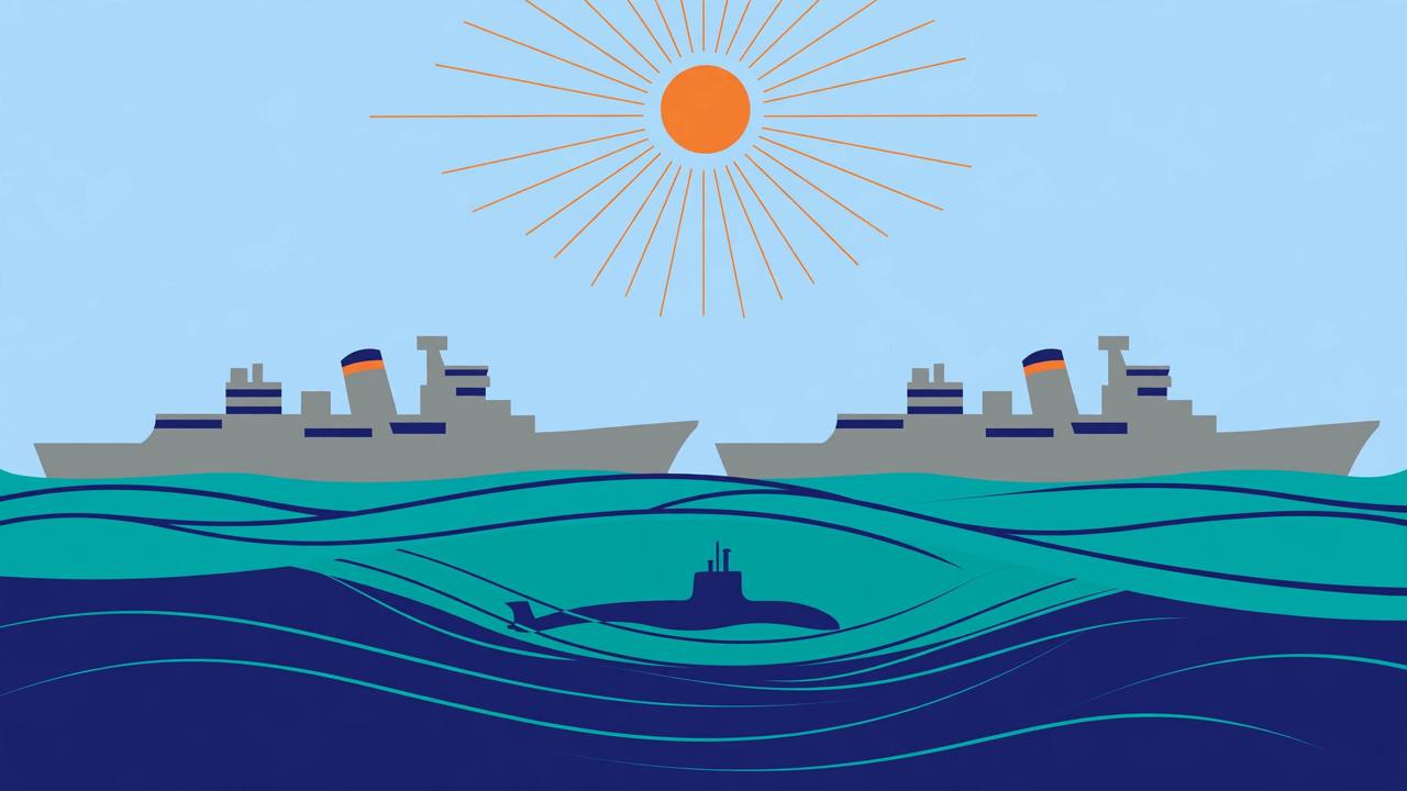 Editorial illustration of two naval warships sailing side by side in the Bay of Bengal with a submarine silhouette under the surface