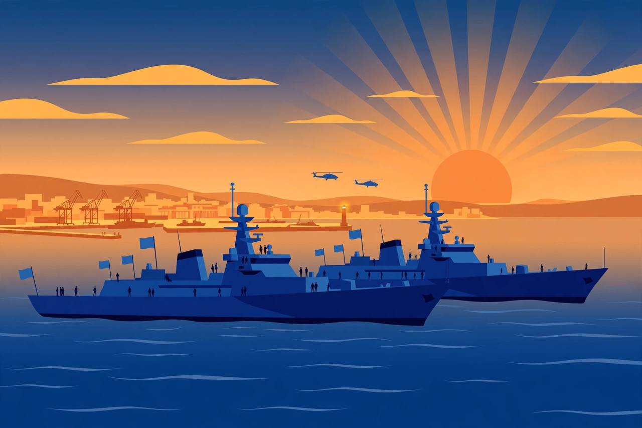 Editorial illustration of two naval warships sailing side by side near a coastal port at sunrise