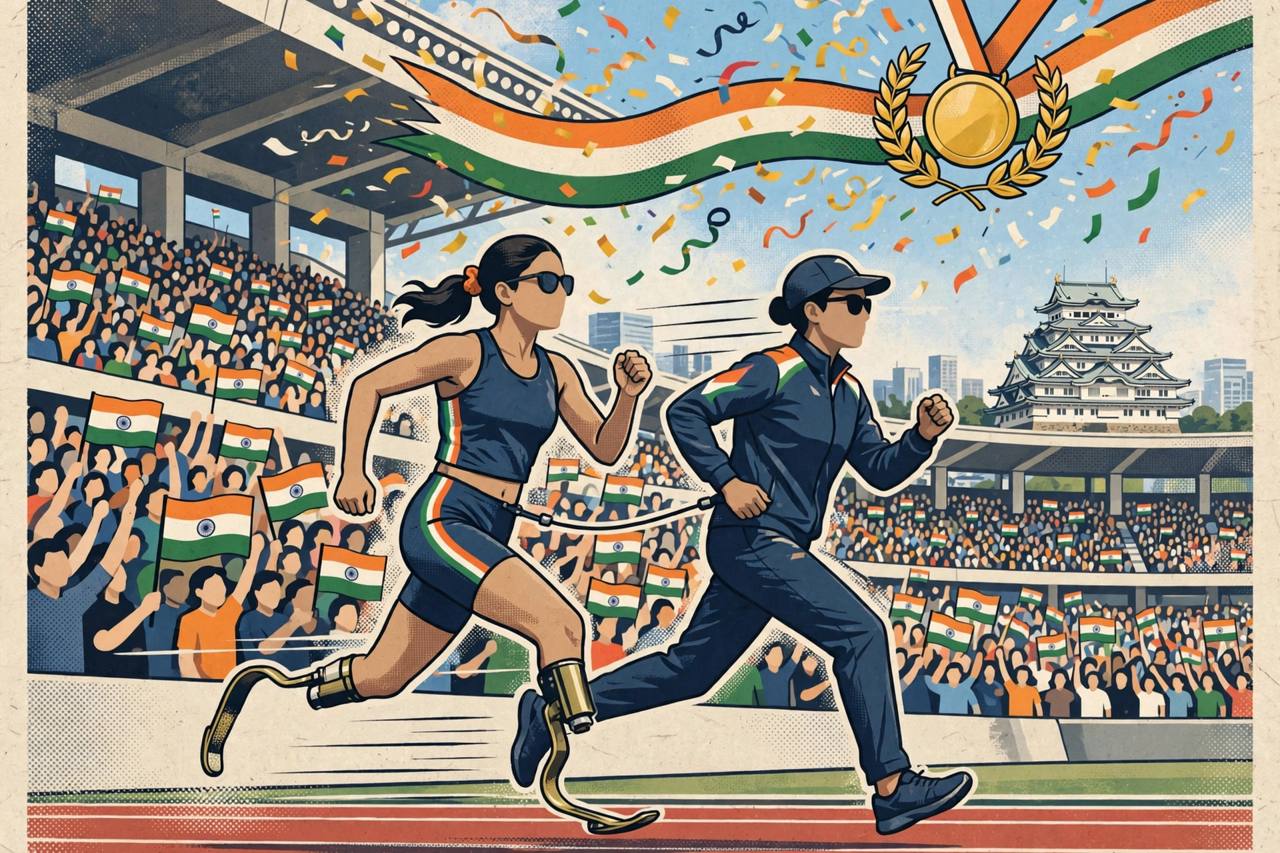 Editorial illustration of a generic Indian woman para-sprinter with a guide runner winning gold in the women's 100m at the Asian Para Games in Nagoya