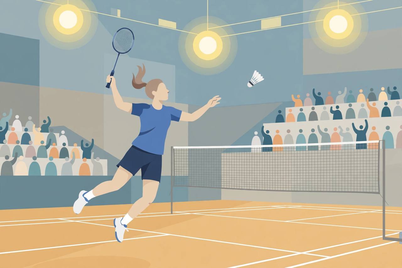 Editorial illustration of a generic female badminton player mid-smash on an indoor court under arena lights, with a shuttlecock in the air