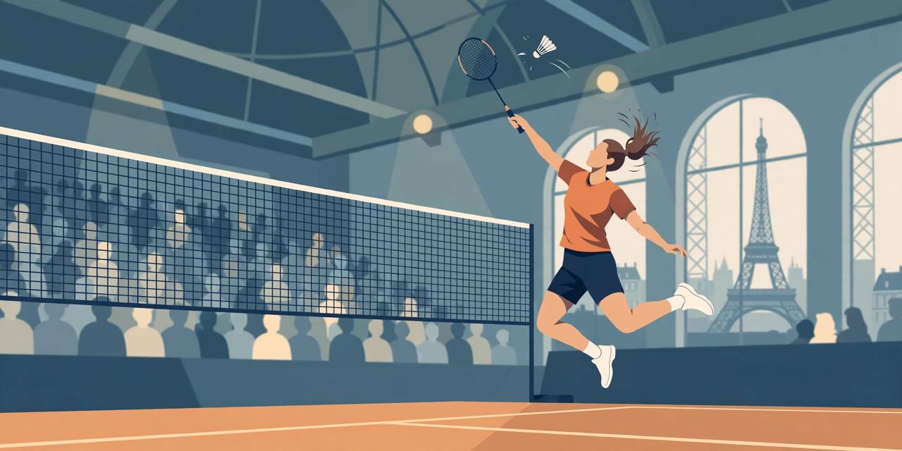 Editorial illustration of a generic female badminton player leaping for a smash in a Paris indoor arena, Eiffel Tower visible through arched windows - no real person's face