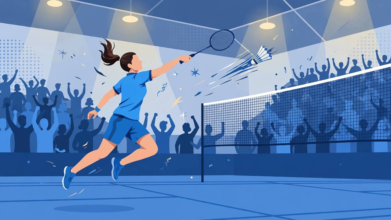 Editorial illustration of a women's badminton player in blue India colours hitting a smash at the net in an indoor arena