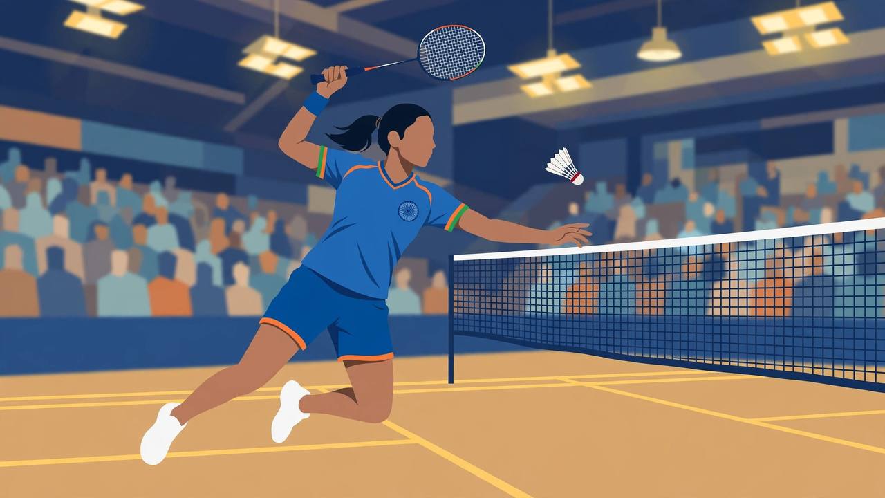 Flat editorial illustration of a generic Indian woman badminton player in a blue kit hitting a smash on an indoor court, with the net, shuttlecock and a blurred crowd