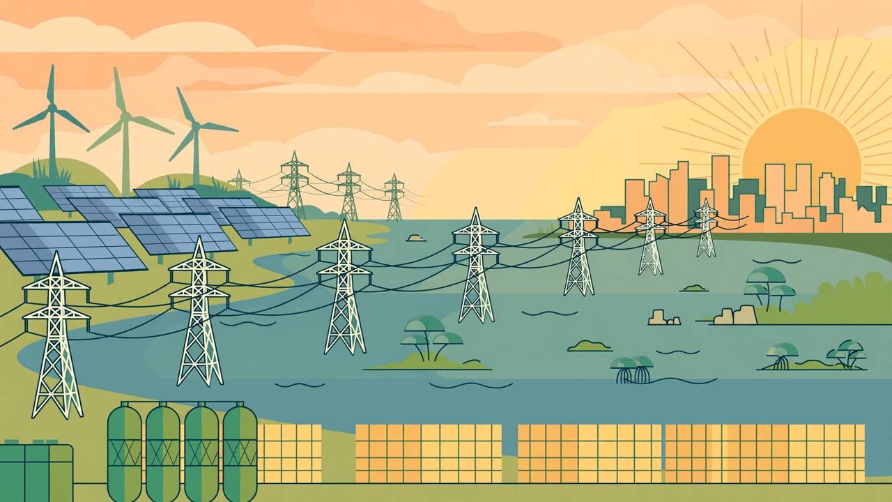 Editorial illustration of solar panels, wind turbines and transmission pylons carrying power across the sea to a city skyline