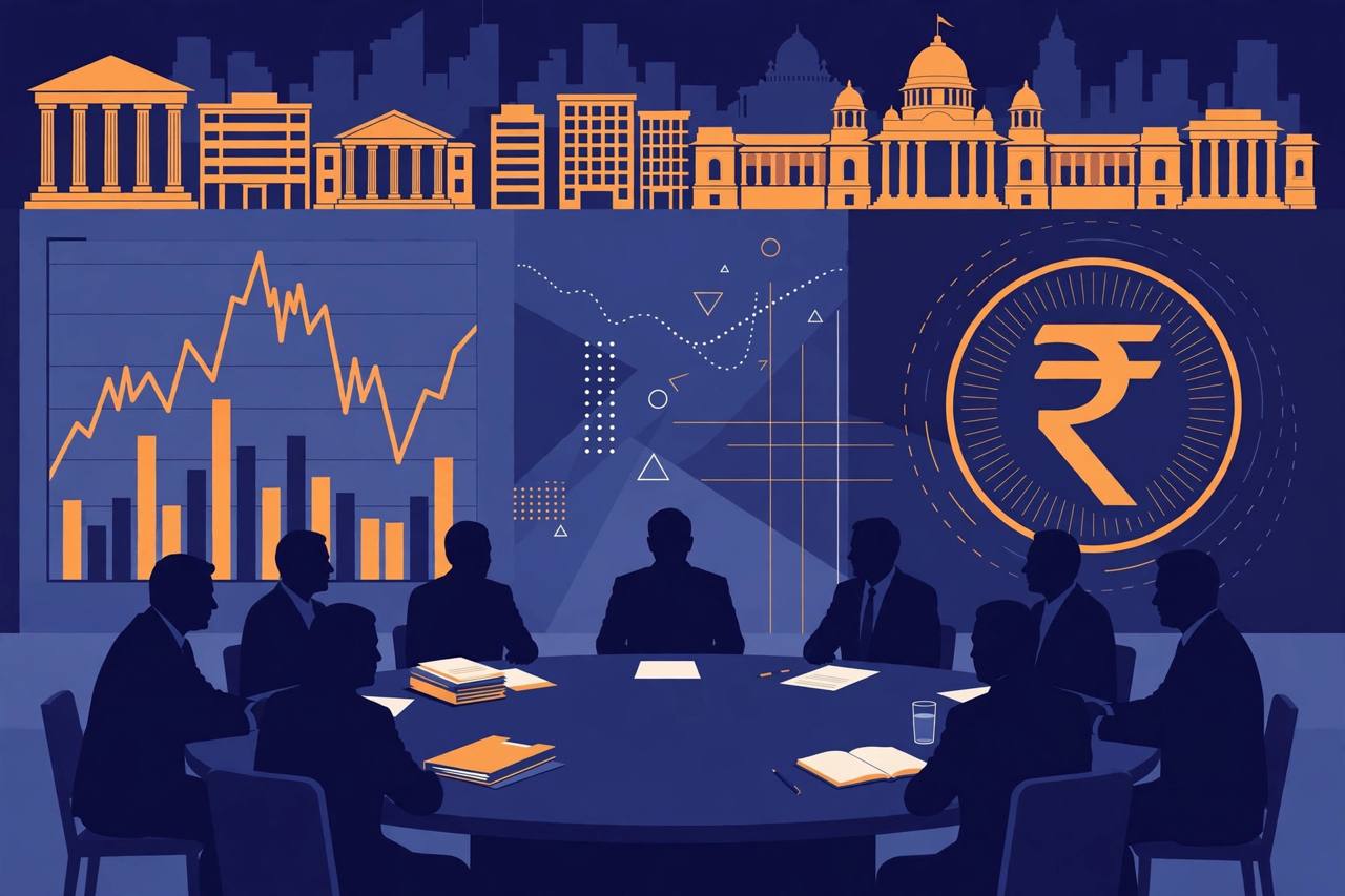 Editorial illustration of generic officials seated around a round conference table with bank buildings and market charts behind them