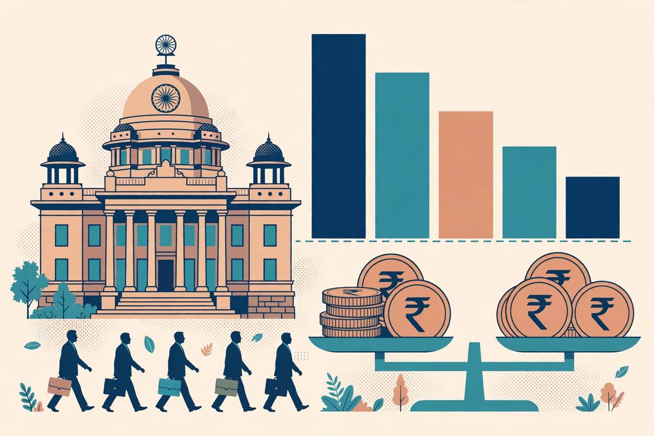 Editorial illustration of an Indian government finance building with a descending bar chart, rupee coins on a balance scale and generic officials