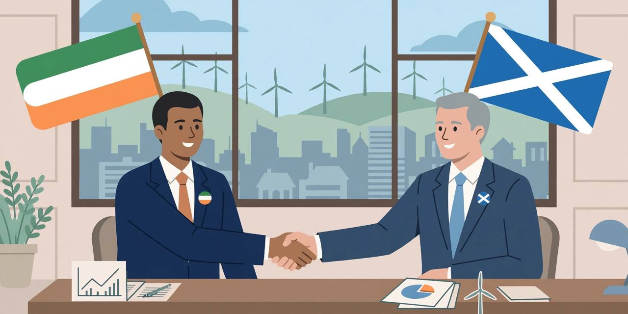 Editorial illustration of two officials shaking hands, with Indian and Scottish flags, wind turbines and a skyline behind them
