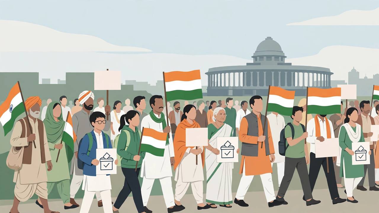 Editorial illustration of farmers, students and citizens marching with Indian flags and ballot symbols in New Delhi
