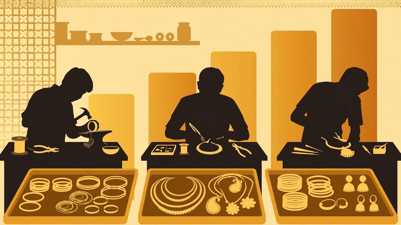Editorial illustration of a gold jewellery workshop with craftsmen and gold ornaments