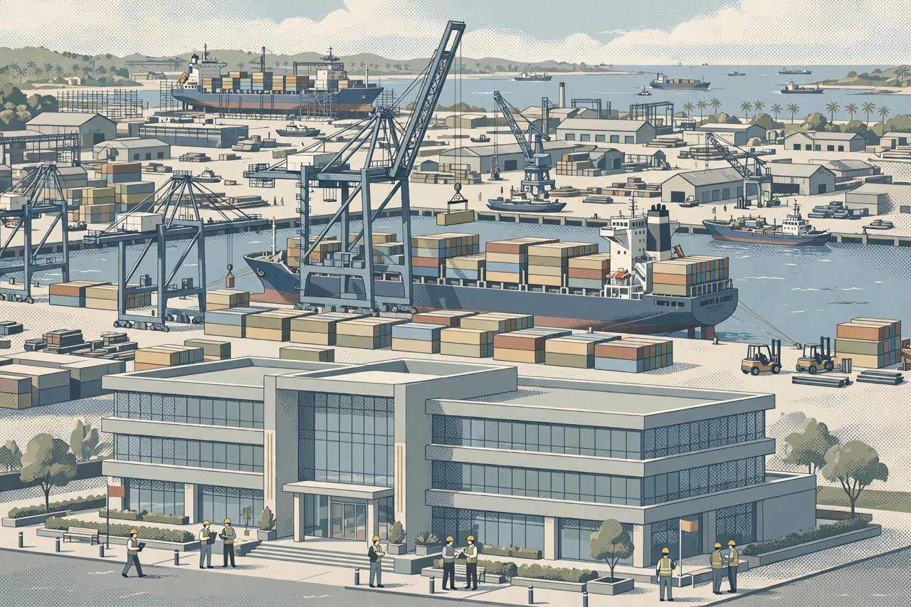Editorial illustration of a cargo port with a container ship, cranes and an office building; no real person depicted