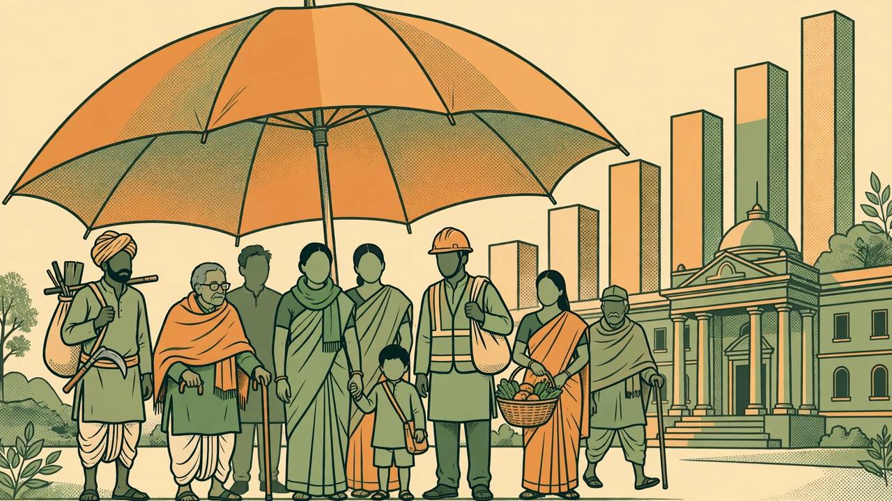 Editorial illustration of a large protective umbrella sheltering workers, pensioners, farmers and families, with a government office building and rising pillars in the background