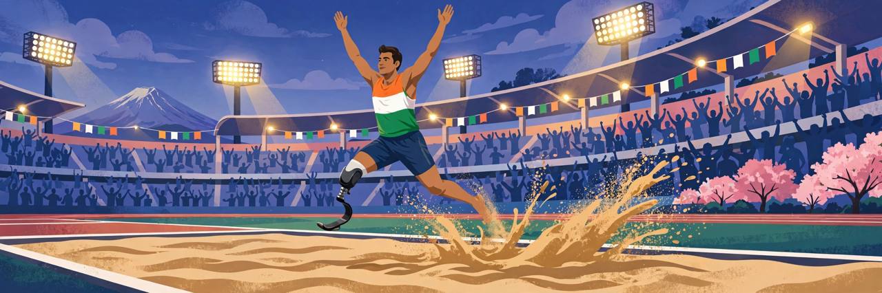 Editorial illustration of a generic para-athlete with a prosthesis mid-flight over a long jump sand pit in a stadium