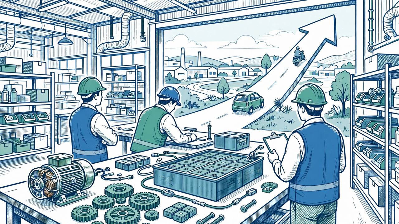 Editorial illustration of an Indian EV components factory with engineers, motors and a battery pack