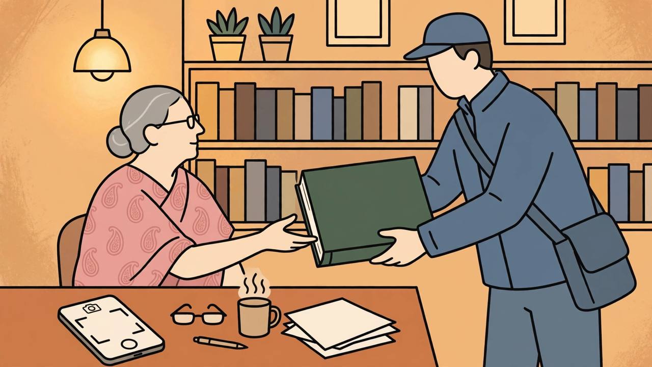 Editorial illustration of a generic elderly woman author receiving a blank-covered hardcover book beside a smartphone - flat style, no real person's face, no text