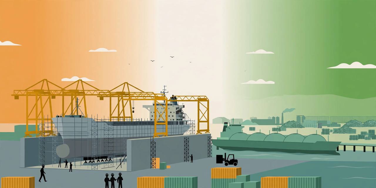 Editorial illustration of an Indian shipyard with a cargo ship under construction in dry dock, gantry cranes, generic workers, an LNG tanker and shipping containers under a tricolour sky