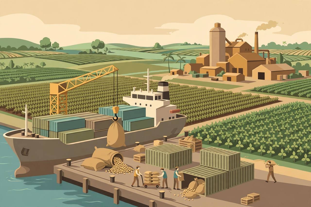 Editorial illustration of a cargo ship unloading soybean sacks and containers at an Indian port with soybean fields and a processing mill in the background, generic workers, no text