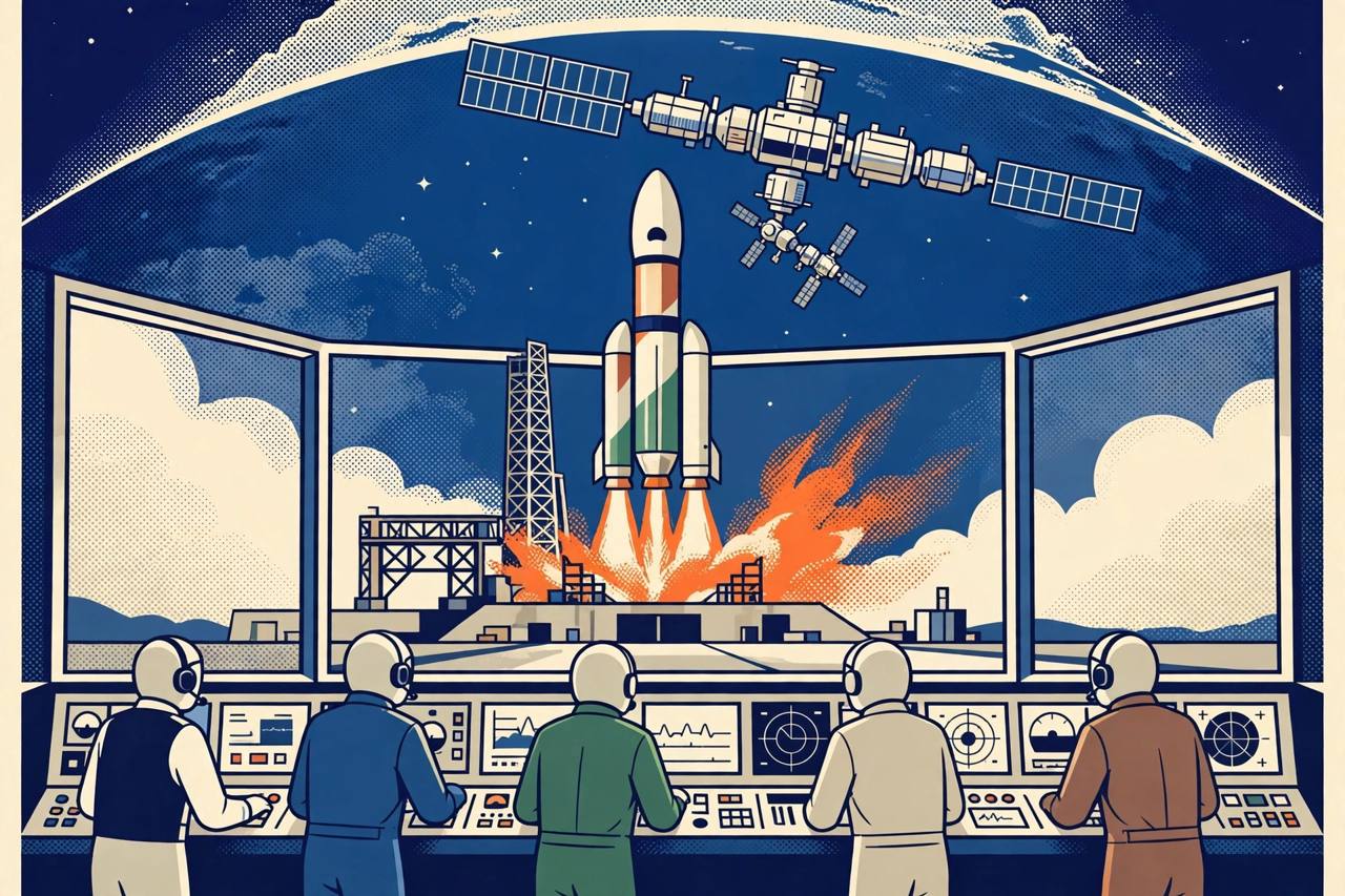 Editorial illustration of a next-generation rocket launching, spacecraft docking in orbit and a future space station