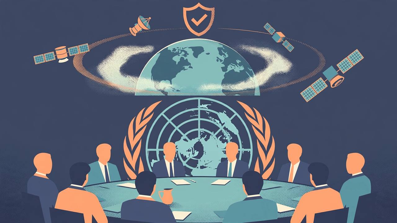 Editorial illustration of delegates at a UN-style conference table beneath Earth and satellites in orbit, with a shield symbol over orbit