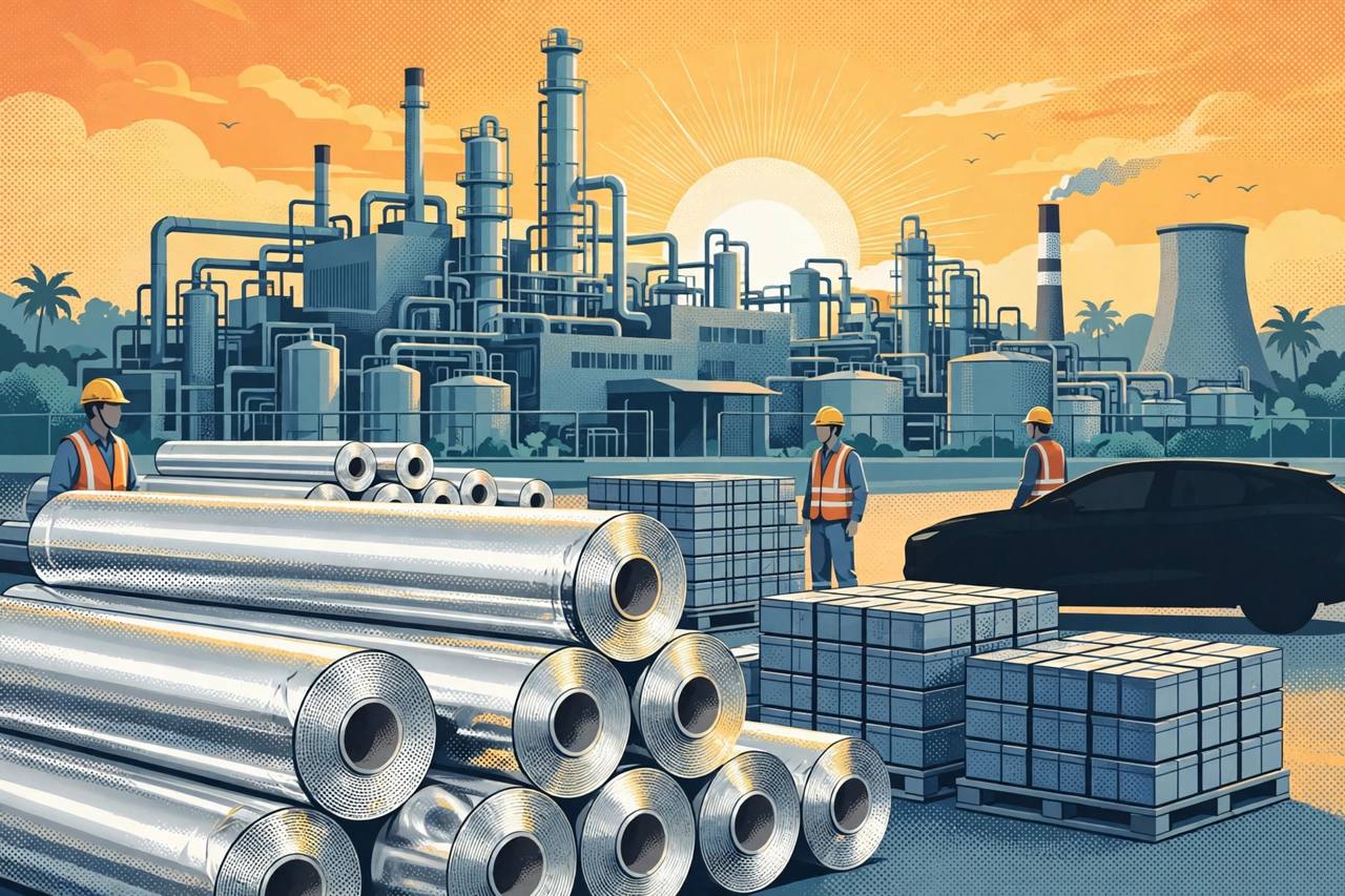 Editorial illustration of a chemicals factory with aluminium foil rolls and battery cells - flat style, generic figures, no real person's face, no text