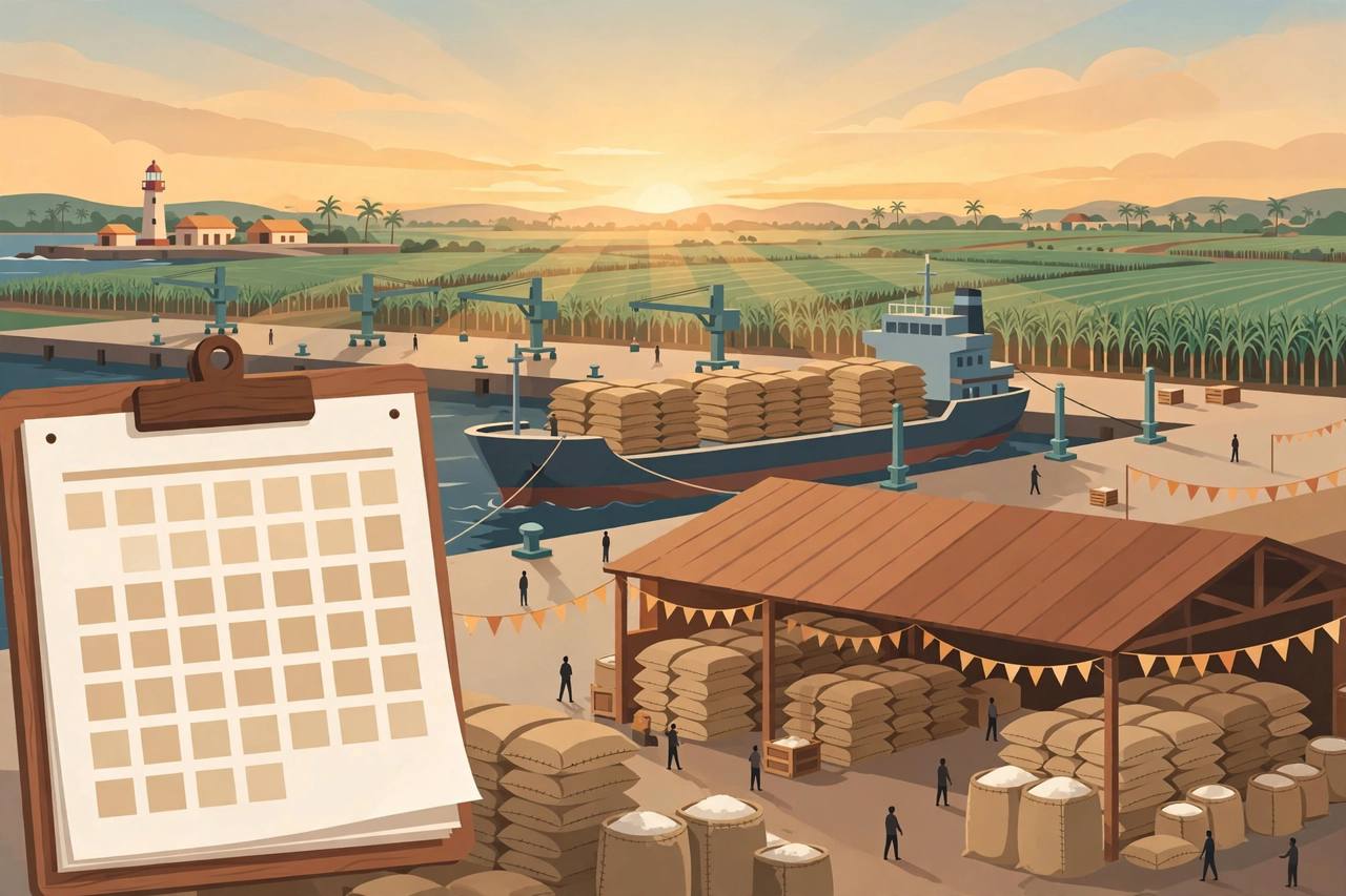 Editorial illustration of a cargo ship loaded with sacks of raw sugar at an Indian port, with a warehouse of sugar sacks, a calendar and sugarcane fields behind