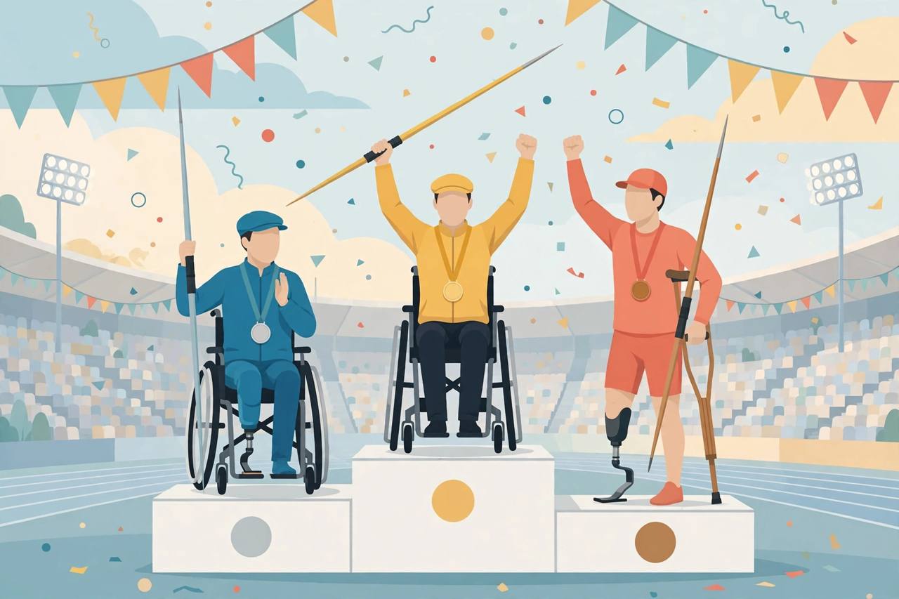 Editorial illustration of three generic para-athletes with javelins on a stadium podium with gold, silver and bronze medals