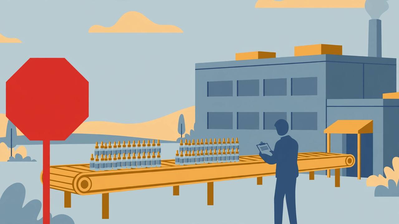 Editorial illustration of a pharmaceutical factory with a halted conveyor line of eye-drop bottles, a red stop sign and an inspector silhouette holding a clipboard