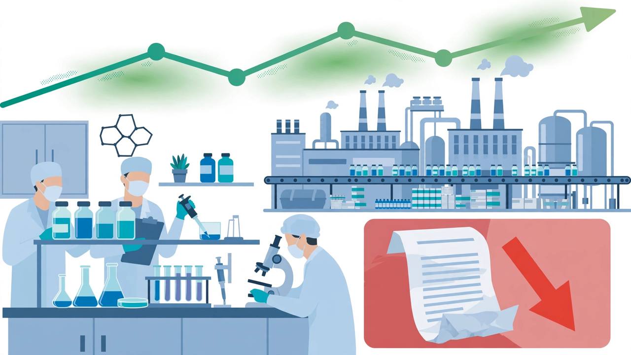 Editorial illustration of a pharmaceutical laboratory and factory with a rising revenue line and a large one-time bill with a falling red arrow