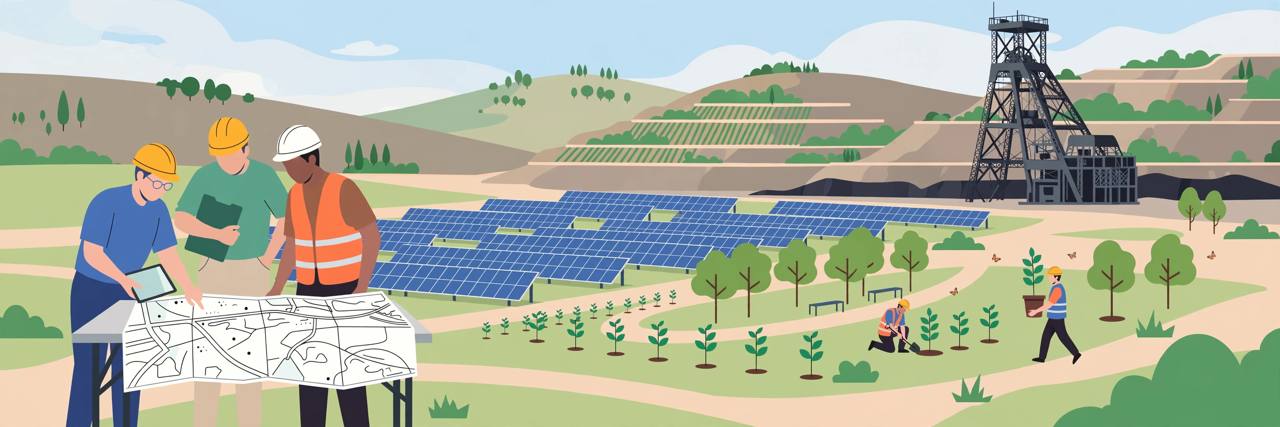Editorial illustration of planners and generic workers with solar panels, trees and a map on reclaimed closed coal mine land
