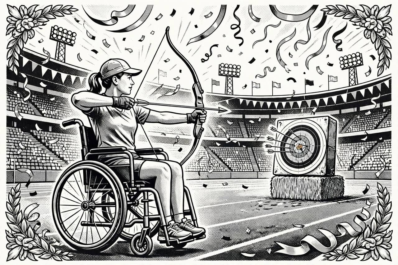 Editorial illustration of a generic woman para-archer in a wheelchair drawing a bow — flat style, no text, no real person's face