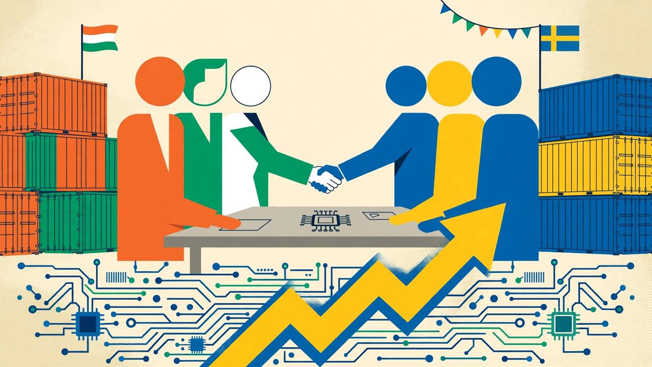 Editorial illustration of two business delegations shaking hands with trade containers and a technology motif in the background