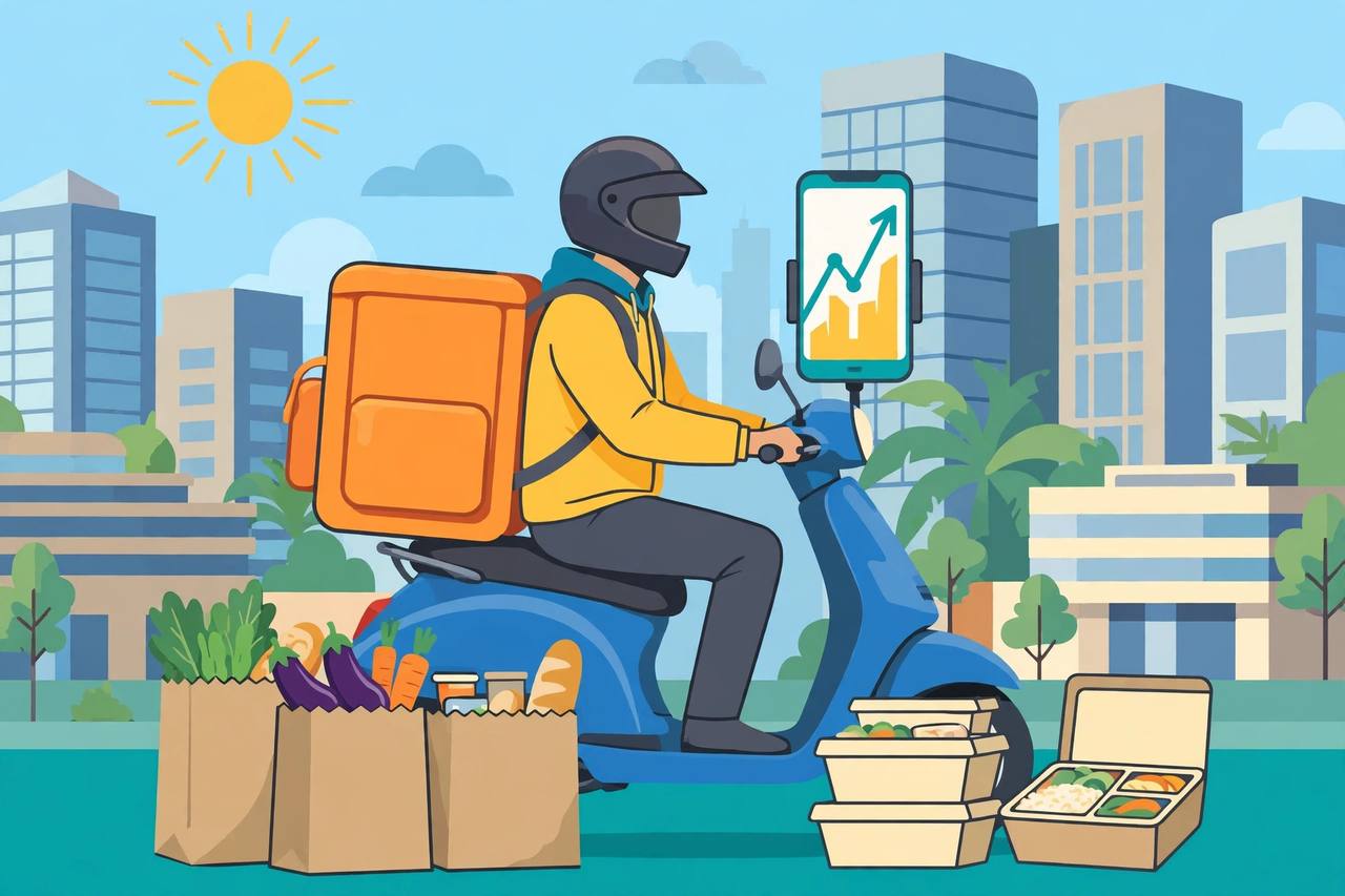Editorial illustration of a food delivery rider on a scooter in an Indian city with grocery bags and a rising chart